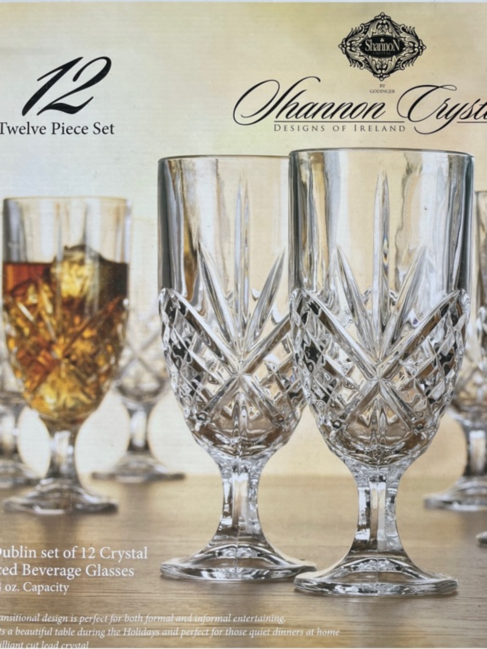 Set Of 12 GODINGER Shannon Crystal Ice Tea Glass, 24% Lead Crystal Dublin, 14oz.